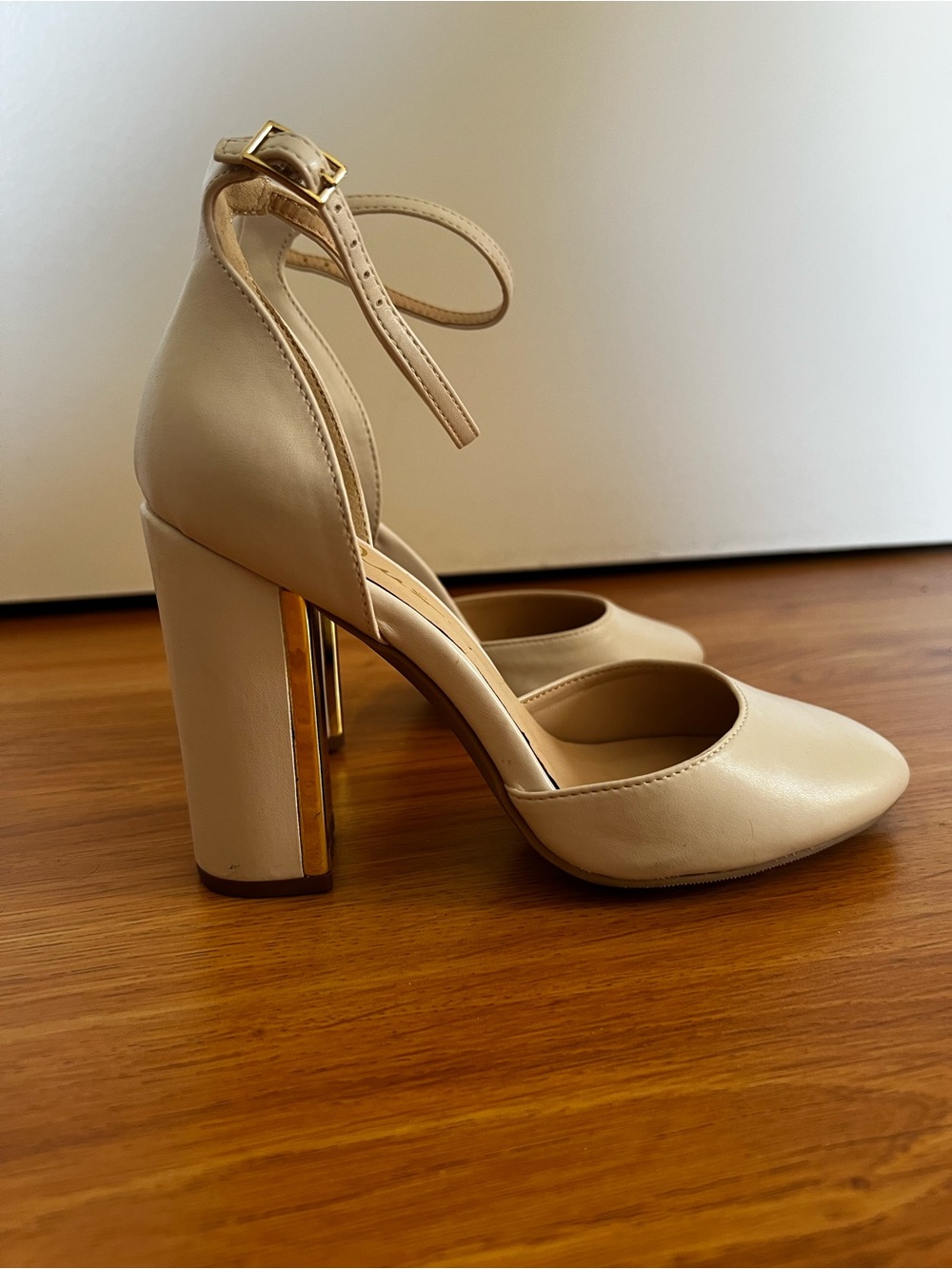 Lulu's Nude Ankle-Strap Block Heels with Gold Metallic Heel - Picture 5 of 7